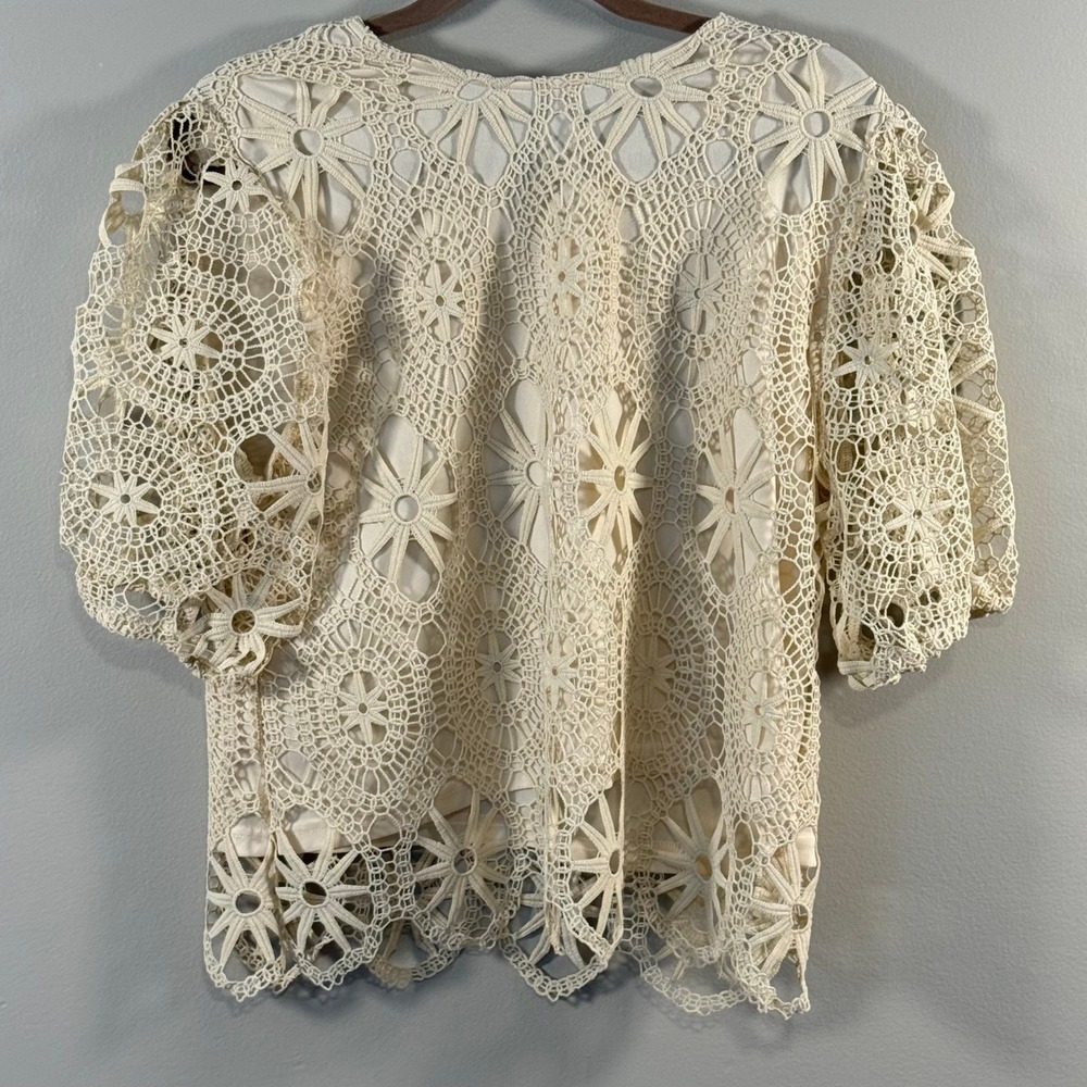 Ultra Pink Women Cream Floral Crochet Lace Puff Sleeve Blouse Top Large NWT